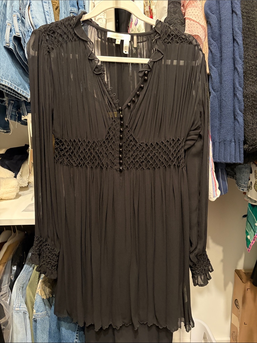 LoveShackFancy Black Long-Sleeve Smocked V-Neck Tunic